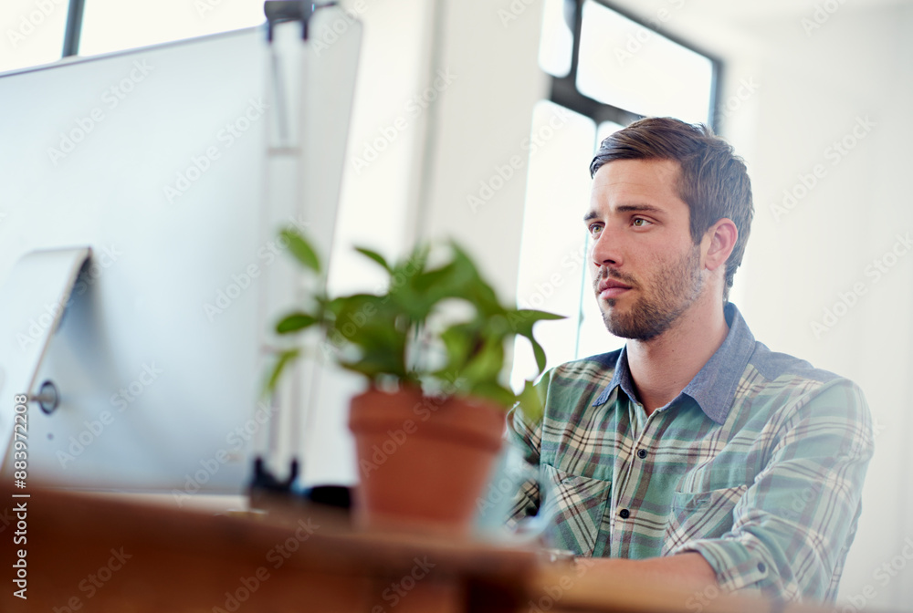 Poster Computer, graphic design and businessman in office for programming, website software and internet. Creative agency, web designer and person on pc for developer, online research and coding at desk
