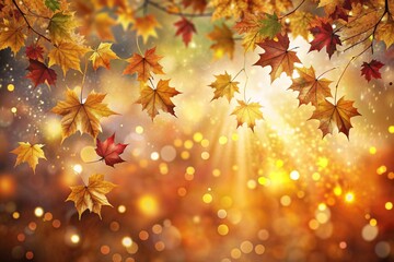 Autumn Background with Colorful Orange Leaves and Branches, Falling to the Ground, Template with Space for Copy
