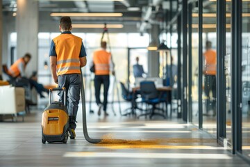 Commercial cleaners vacuuming office floor during busy work day with employees in background