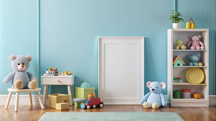 Empty white frame on pastel blue wall surrounded by colorful toys, stuffed animals, and books in a tidy kid's room with natural sunlight filtering in.