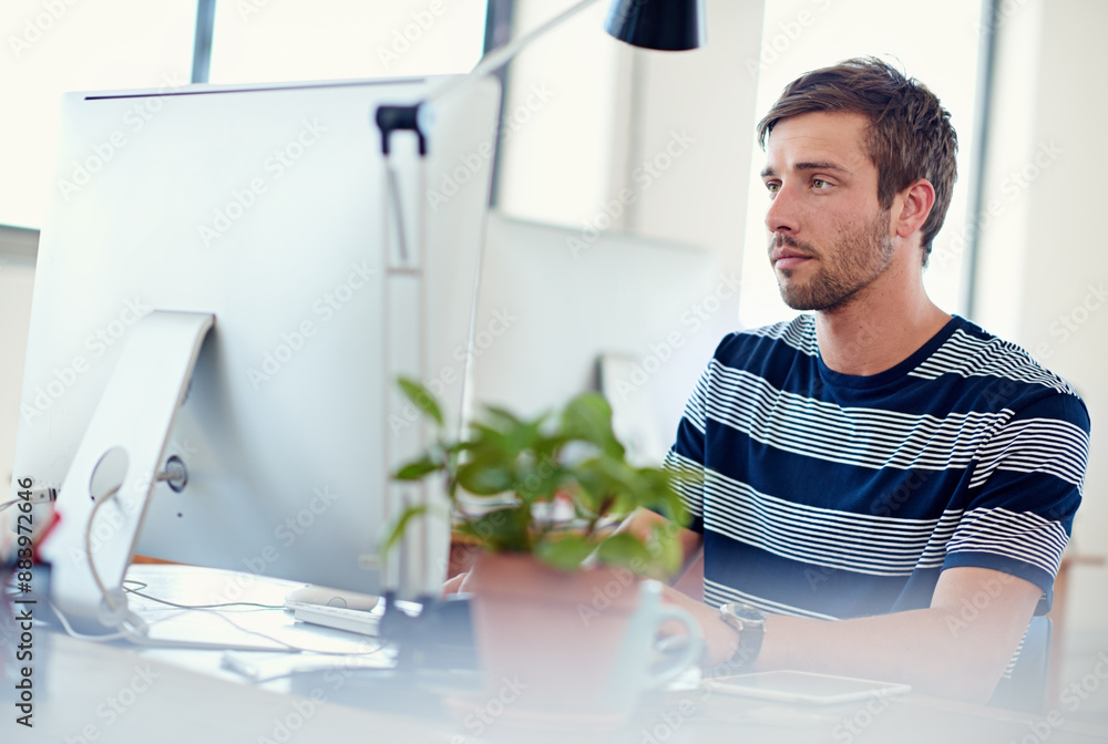 Poster Computer, web design and businessman in office for research, website software and internet. Creative agency, graphic designer and person on pc for developer, programming and online coding at desk