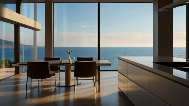 A luxurious minimalist kitchen space with a beach background