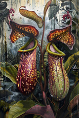 Vintage oil painting of the nepenthes plant (monkey cups) In the deep forest beyond imagination, Generative AI