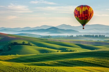 Obraz premium A hot air balloon drifting above rolling hills, with a softly blurred background of green fields and distant mountains. 