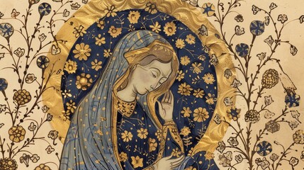 A woman is depicted in a painting with a gold frame