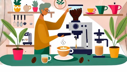 flat illustrations of character making coffee at home with modern espresso machine, coffee beans, and latte art