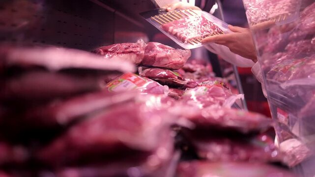Large selection of different meats in the shopping center. A young woman selects a suitable piece to prepare dinner at home. Concept of fresh products, recipes and wholesale sales.
