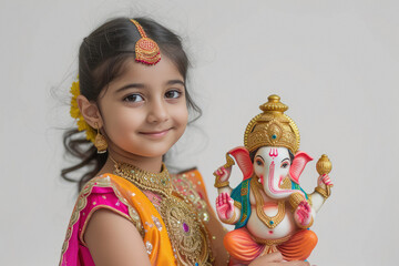 Indian little girl holding lord ganesha sculpture in hand