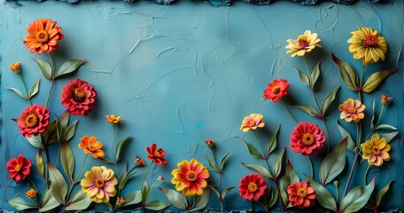 Vibrant Flower Painting on a Blue Wall