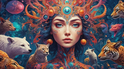 Surreal Abstract and Otherworldly Imagery of a Female face, Psychedelic and Retro-futurism, Background, AI generative.