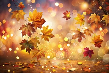 Autumn Background with Colorful Orange Leaves and Branches, Falling to the Ground, Template with Space for Copy