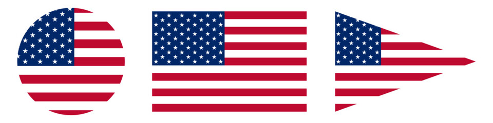 Set of three creative American flag designs in unique shapes: circular, traditional rectangle, and modern arrowhead style, representing USA patriotism, independence