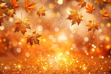 Autumn Background with Colorful Orange Leaves and Branches, Falling to the Ground, Template with Space for Copy