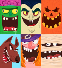Halloween funny faces set of four characters. Cartoon heads of grim reaper, pumpkin Jack o lntern zombie, vampire and mummy. Vector illustration isolated. Party decoration or package design.