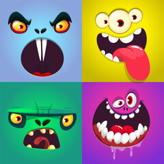 Funny cartoon monster faces set. Illustration of monsters or aliens different expression. Halloween design. Vector isolated