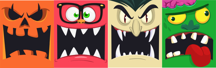 Halloween funny faces set of four characters. Cartoon heads of grim reaper, pumpkin Jack o lntern zombie, vampire and mummy. Vector illustration isolated. Party decoration or package design.