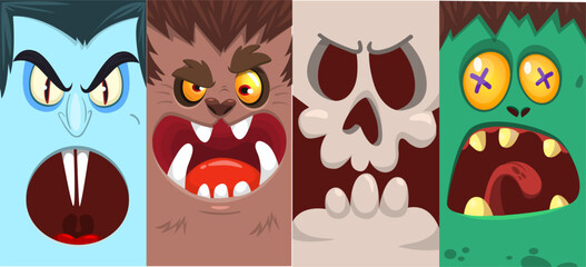 Fototapeta premium Halloween funny faces set of four characters. Cartoon heads of grim reaper, pumpkin Jack o lntern zombie, vampire and mummy. Vector illustration isolated. Party decoration or package design.