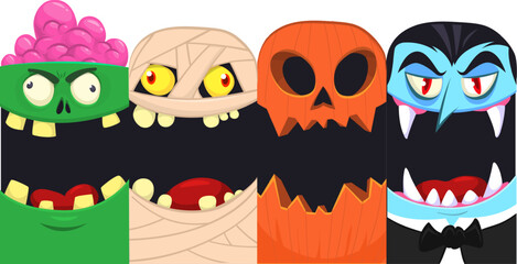 Halloween funny faces set of four characters. Cartoon heads of grim reaper, pumpkin Jack o lntern zombie, vampire and mummy. Vector illustration isolated. Party decoration or package design.