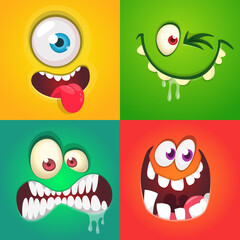 Funny cartoon monster faces set. Illustration of monsters or aliens different expression. Halloween design. Vector isolated