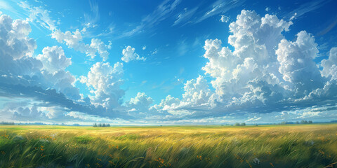 抽象的な野原と青空に舞う雲