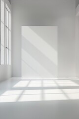 A minimalist empty stage with a white floor and backdrop, with gentle lighting creating soft shadows