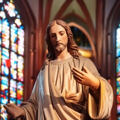 Naklejka premium Statue of Jesus Christ in Church or Cathedral - Depiction of Jesus Christ - Peaceful and Calming Image - Savior of Humanity and Mankind - Image of Christianity - The Shepherd from Jerusalem - Artwork 