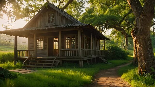 Video animation of quaint wooden cabin nestled in a sunlit forest clearing. The cabin features a front porch with steps leading up to it, surrounded by lush greenery