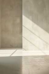 A minimalist empty stage with a white floor and backdrop, with gentle lighting creating soft shadows