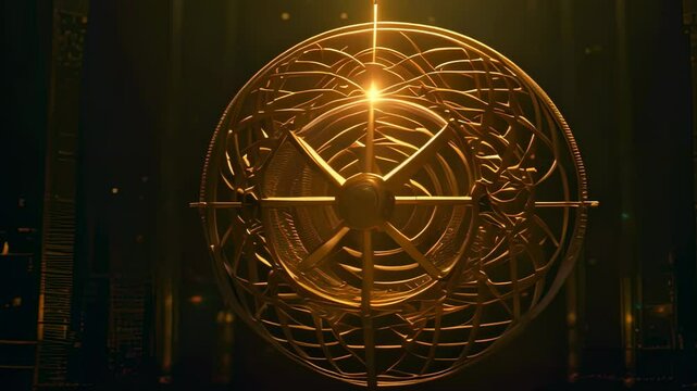 Video animation of complex circular design, reminiscent of steampunk aesthetics. Intricate patterns and symmetrical features adorn this mechanical object