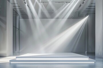 A minimalist empty stage with a white floor and backdrop, with gentle lighting creating soft shadows