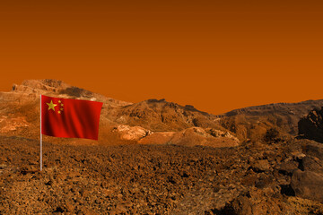 Red empty landscape on planet Mars, scenic desert scene on the red planet with flag of China. Chinese space program concept