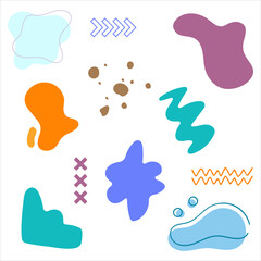 The image is a collage of various shapes and colors, including blue, orange, and purple. The shapes are abstract and seem to be splattered or smeared, giving the impression of a messy or chaotic scene