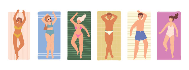 People sunbathing. Young adults and teenagers beach vacations. Boys and girls lying on towels, top view. Positive ocean sea travel snugly vector set