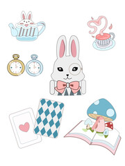 Illustration of wonderland bunny rabbit with design elements vector set sticker