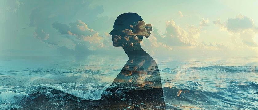 Double exposure of a person resting and a calm sea, evoking tranquility