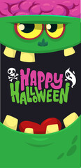 Naklejka premium Cartoon funny green zombie character design with scary face expression and pink brains out. Halloween vector illustration isolated on white. Party invitation, package design 