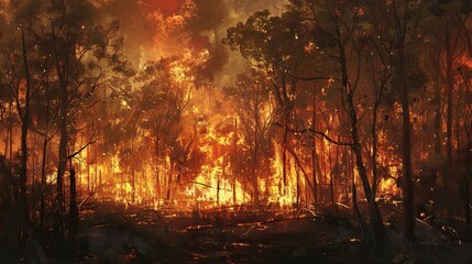 Forests on fire, illustrating the impact of climate change, intense scene