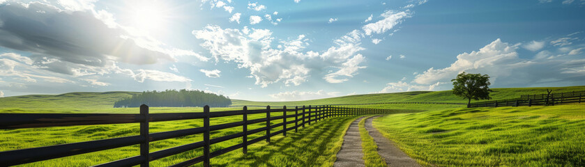 Fototapeta premium Blank banner on a fence in green rural field, ideal for advertising purposes.