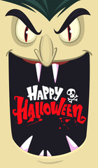 Funny cartoon vampire character design with big open mouth, tongue, fangs. Vampire face mask avatar. Halloween illustration vector isolated. Party or package design