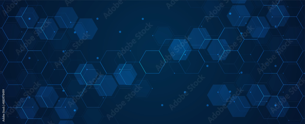 Poster digital technology background. abstract hexagons background with lines and dots. design for science,