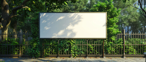 Fototapeta premium Blank banner mockup on park fence for event promotions in green surroundings.