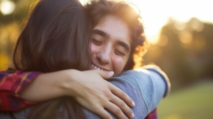 Fototapeta premium Two people give warm hug to each other say good bye in outdoor during sunset reluctant to part long hair female
