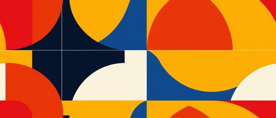 seamless pattern, Colorful modern abstract geometric background with vibrant circles and shapes in red, yellow, blue, and white hues.