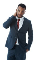 Portrait, business and black man in suit, fashion and employee isolated on white studio background. African person, financial consultant and stylish clothes with corporate professional or formal wear