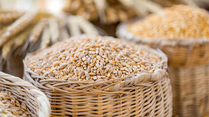 Rustic baskets filled with various types of organic wheat at a farmer's market