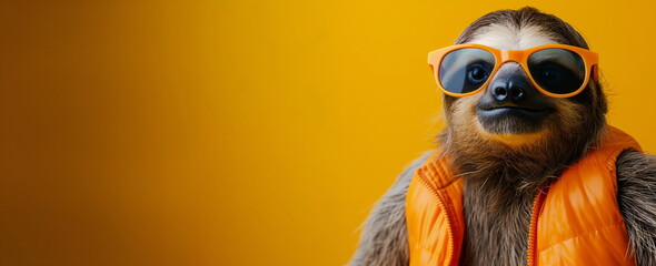 Obraz premium Stylish sloth in sunglasses and an orange vest on a yellow background with copy space