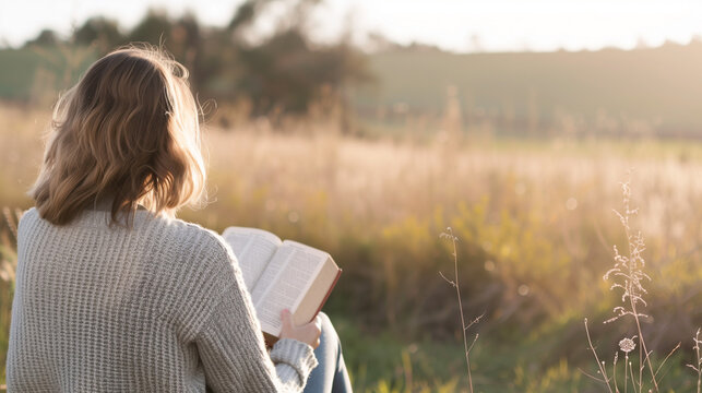 A woman reading or studying the Christian Bible outdoors in nature close to sunset