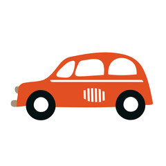 A red vintage-style car with round headlights and a simple, minimalist design