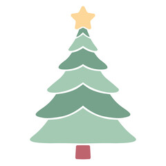 A simple, stylized Christmas tree with a star on top, in shades of green and red