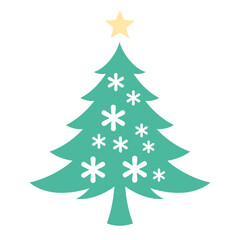 A green Christmas tree with white snowflakes and a yellow star on top